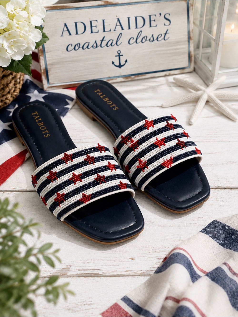 Talbots Liana Americana Seed Bead Slide Sandals Indigo Blue 9.5M